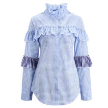 Women Blue Plaid Blouse Patchwork Shirts Long Sleeve Casual Fashion Ruffled Autumn Blouses Tops Blusas New 2019 Girls Clothing